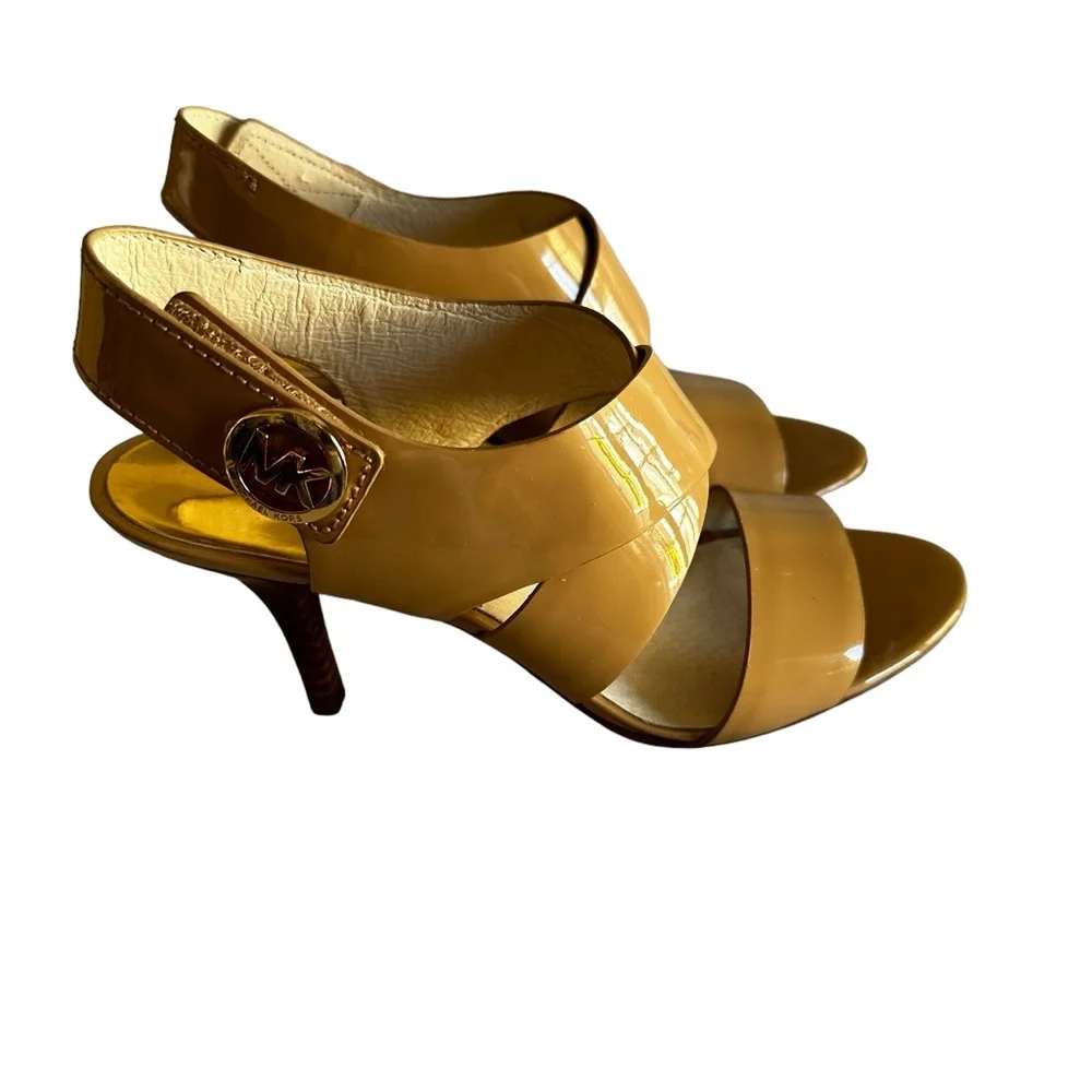 MICHAEL KORS JOSSELLE OPEN TOE WOMANS CAMEL LEATHER SHOE SZ 7M - Picture 1 of 13